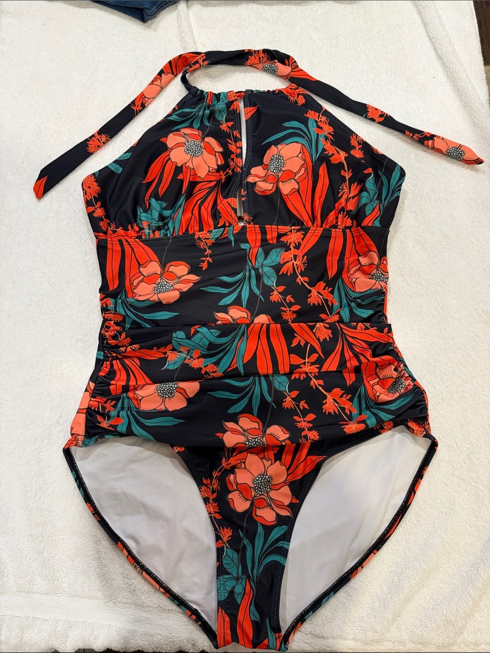 Black Floral Halter One-Piece Swimsuit